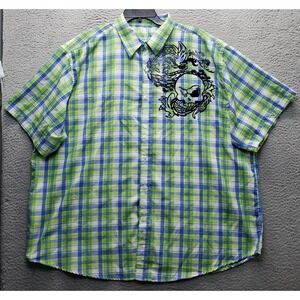Roadblock Jeans Shirt Men 4X Multi Plaid Graphic Skull Distressed Y2k Streetwear